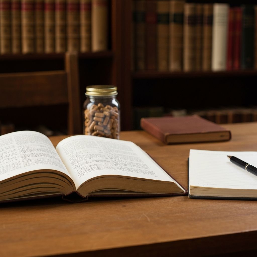 Offenes Buch, Notizbuch und Supplement-Gläser auf dem Schreibtisch