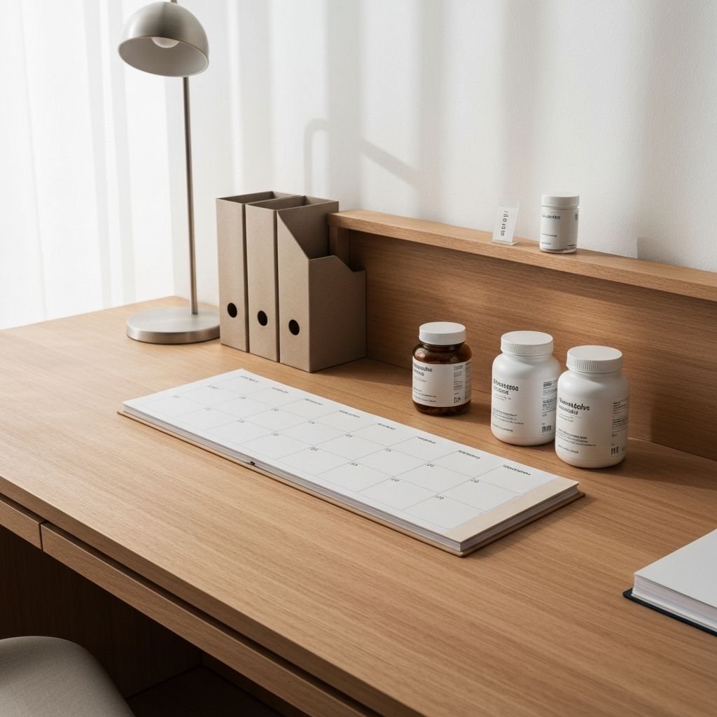 Ordentlicher Schreibtisch mit Langzeitplaner und Supplement-Gläsern