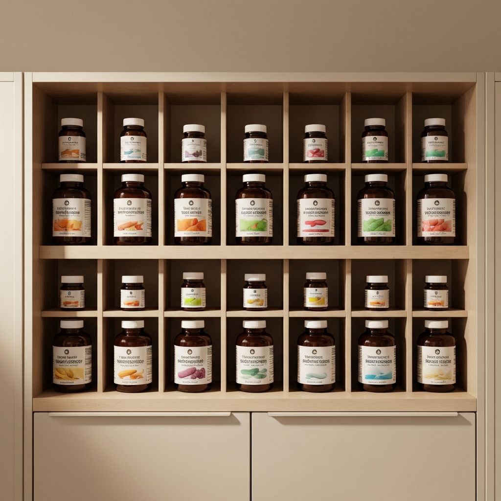 Organisiertes Regal mit verschiedenen Vitamin-Flaschen und Kapseln